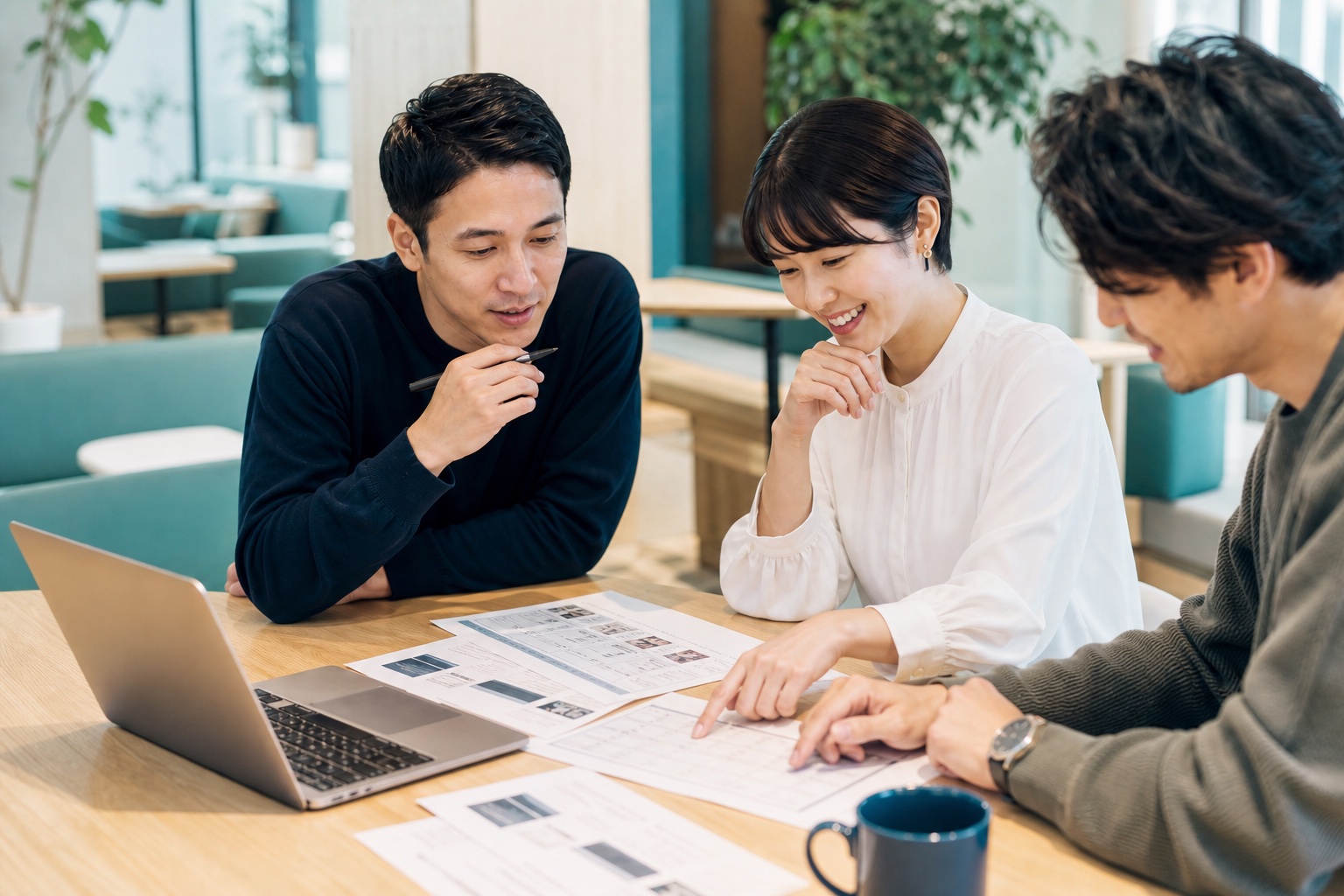 資料とパソコンを囲み、選定条件を整理する様子